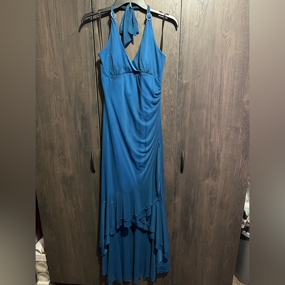 Long formal halter dress, sparkly, high-low